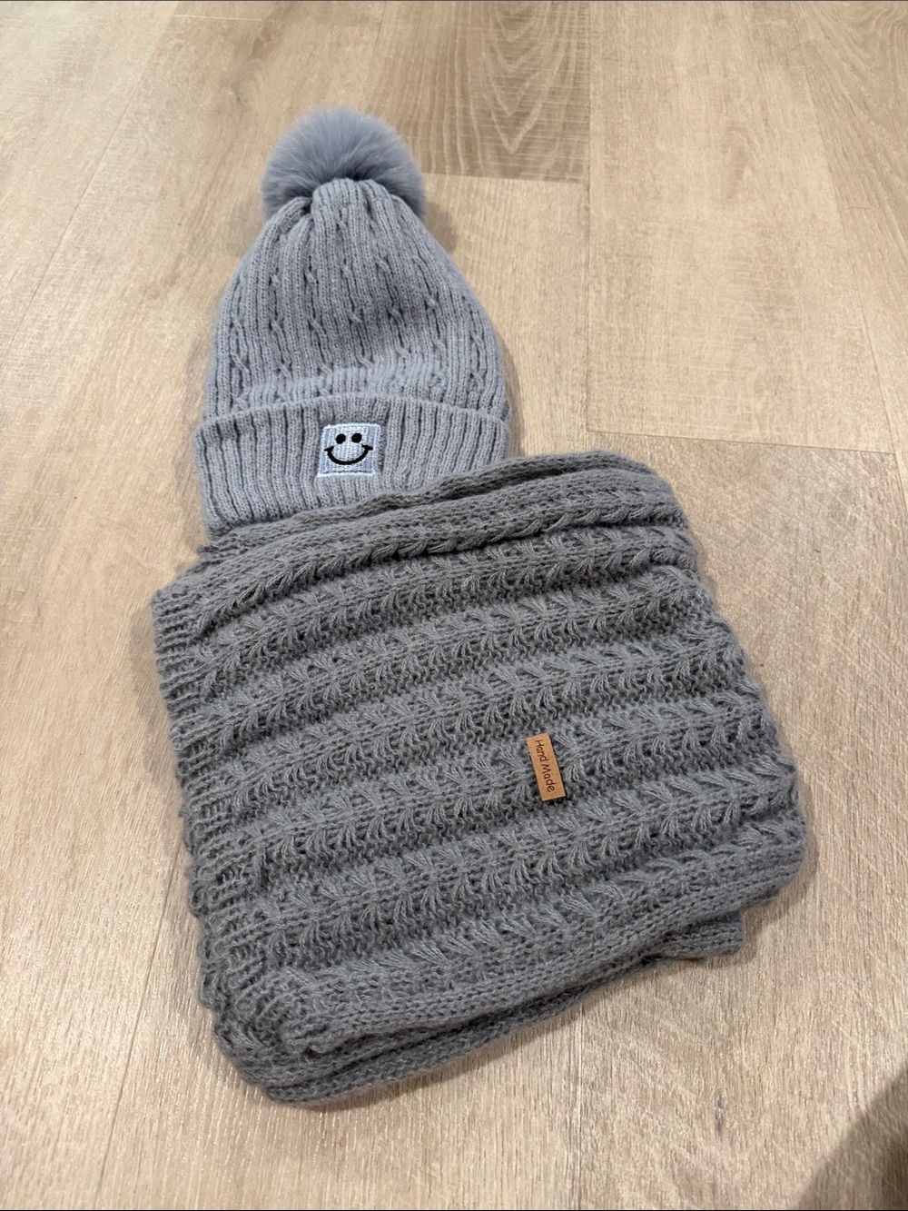 Kids Grey Knit Pom Beanie and Scarf Set